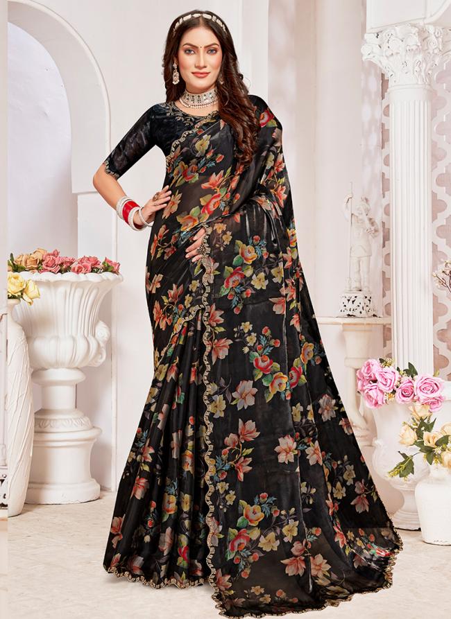 Crystal Organza Silk Black Wedding Wear Hand Work Saree